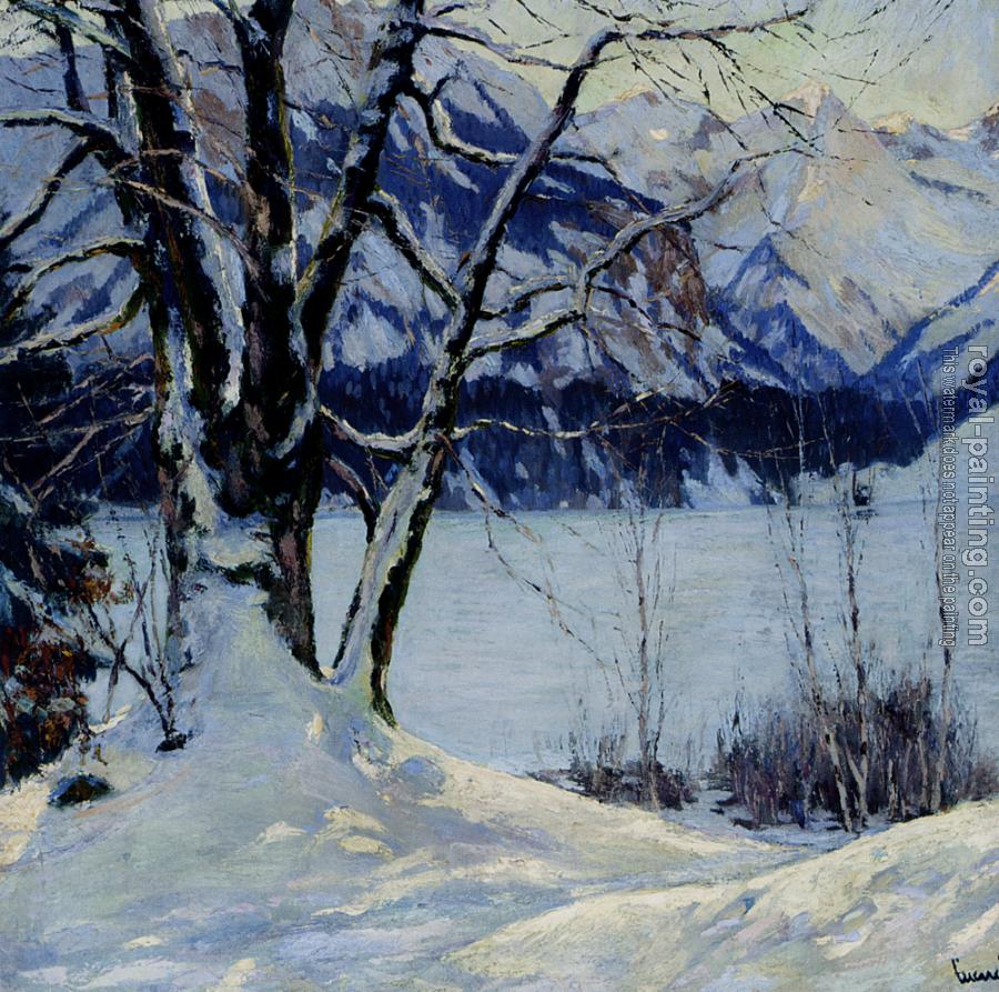 Edward Cucuel : A Frozen Lake In A Mountainous Winter Landscape